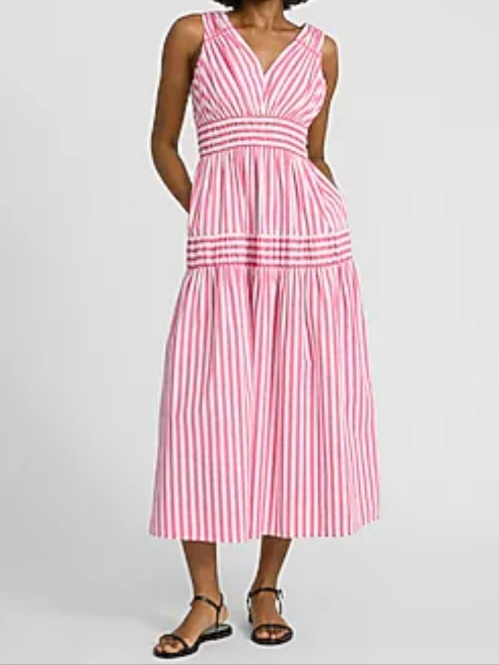 Express Pink and White Striped V-Neck Sleeveless Tie Back Tiered Maxi Dress